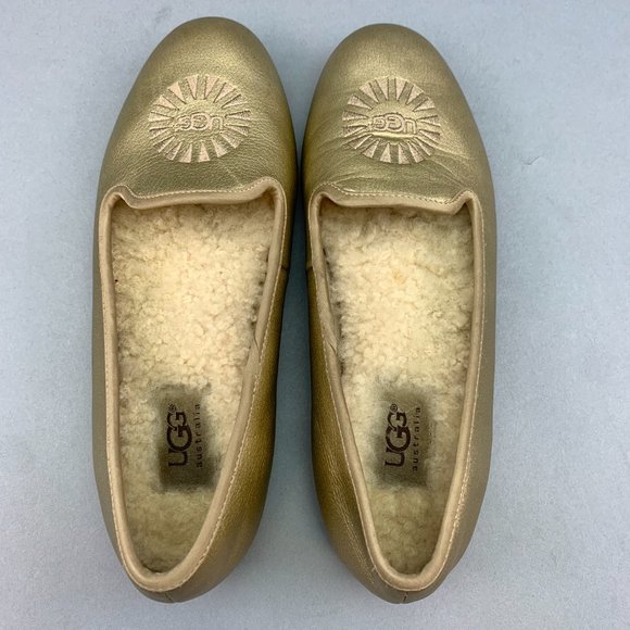 UGG Carey Ballet Flats -Leather & Sheepskin Girl Size 3Y Gold - Picture 8 of 12